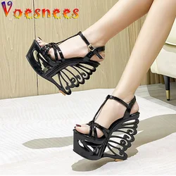 Summer Hollow Out Platform Nightclub Fashion Pumps Woman Super High Heel Wedges Sandals Sexy Ankle Buckle Peep Toe Party Shoes