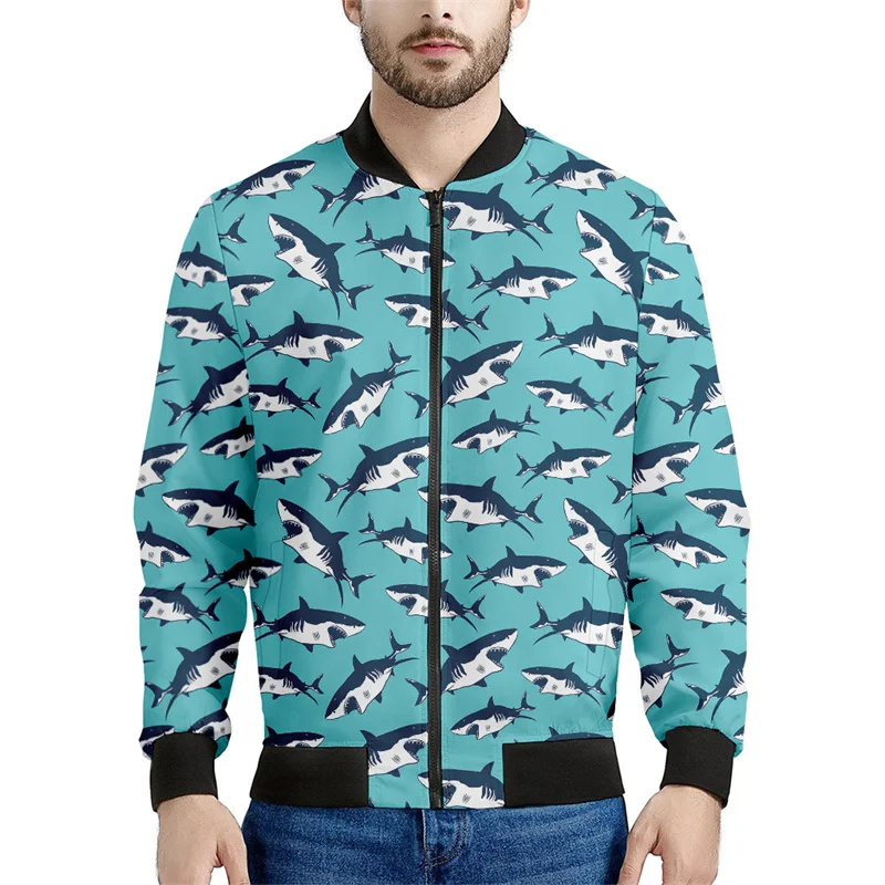 Cartoon Shark Pattern Zipper Jacket For Men Kids 3d Printed Ocean Animal Fish Bomber Sweatshirt Cool Street Jackets Tops Coat