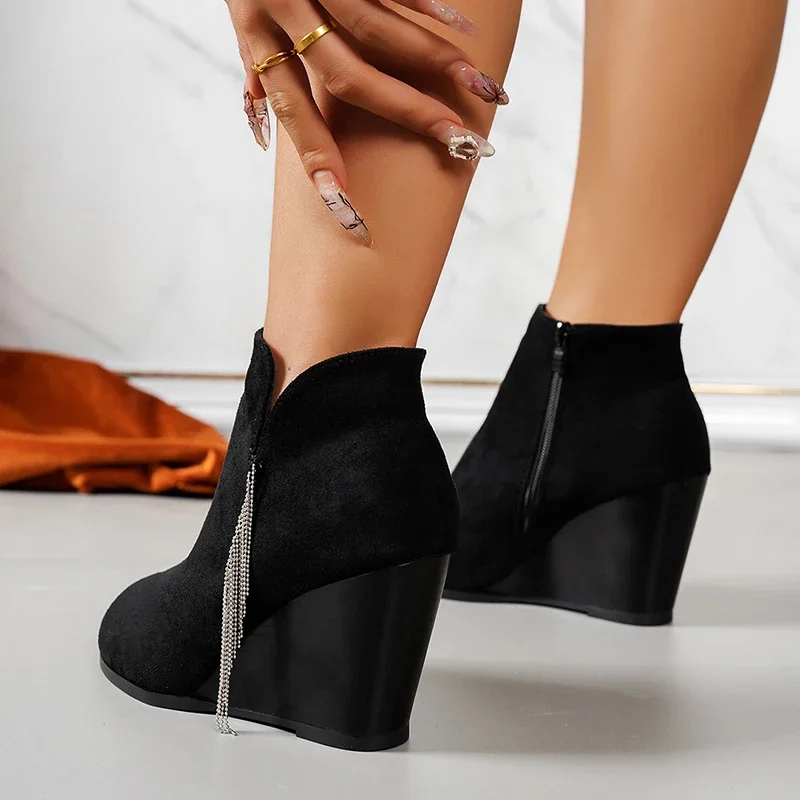 Women Suede Wedges Ankle Boots Fashion High Heels Shoes Woman 2025 Trend Winter Elegant Designer Sexy Retro Boots Botas Mujer