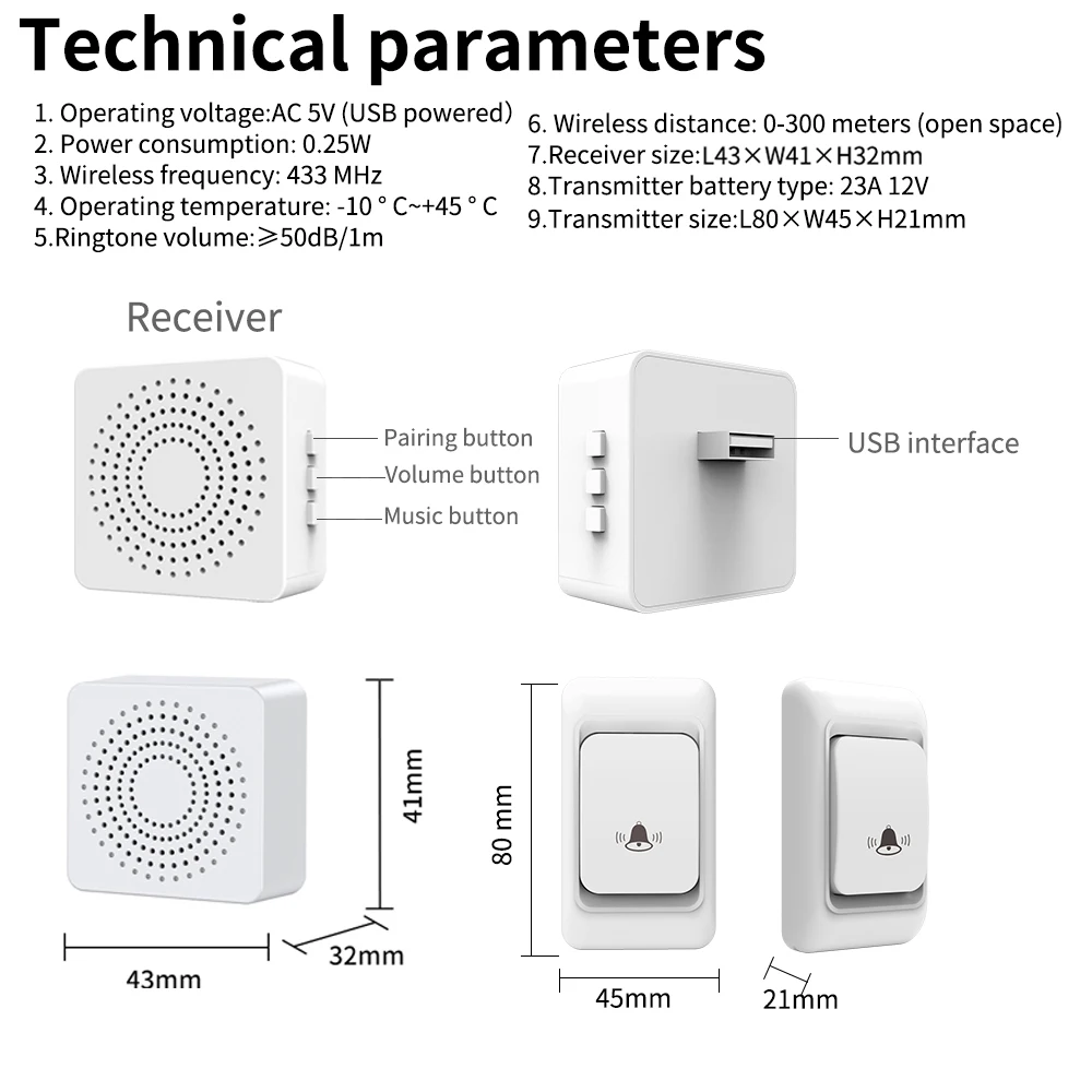 WenHIOT Outdoor Wireless Doorbell with USB Plug Receiver 3 Levels Volume 38Rings Types 150M Long Distance Home Welcome Door Bell