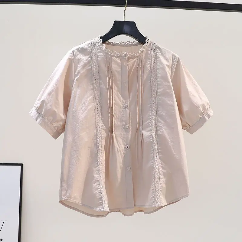 100% Cotton Shirts Women Lace O-neck Hollowed Out Shirt Flesh Pink Gentle Temperament Short Sleeve Blouse 2024 Summer Loose Tops