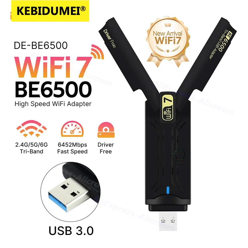 

KEBIDUMEI BE6500 USB 3.0 WiFi 7 Adapter 2.4G/5G/6GHz Wireless Network Card 1800/5400/6500Mbps 802.11BE For Win10/11 PC Laptop