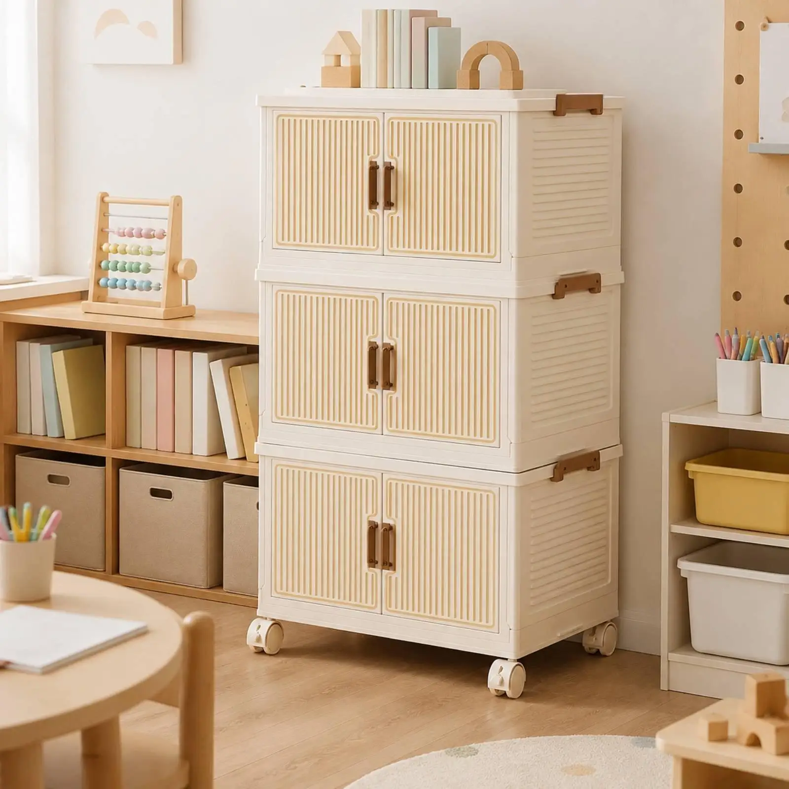 Freestanding Kids Book Shelf Cabinet with Caster Wheels for Reading Corner Tidy