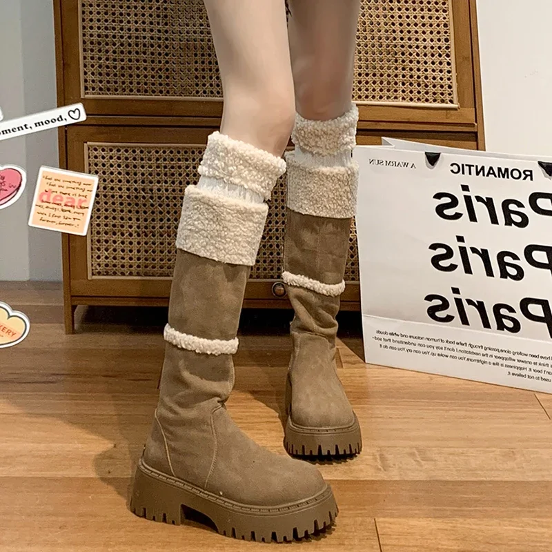 Vintage Women Western Knee-High Boots Side Zippers Long Booties Comfort Short Plush Shoes Botas Mujer