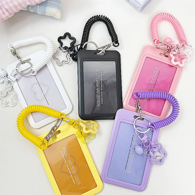Korean Fashion Photocard Holder Retractable Spring Coil Strap Keychain Card Case Student Bus Credit Card Cover Bag Accessories