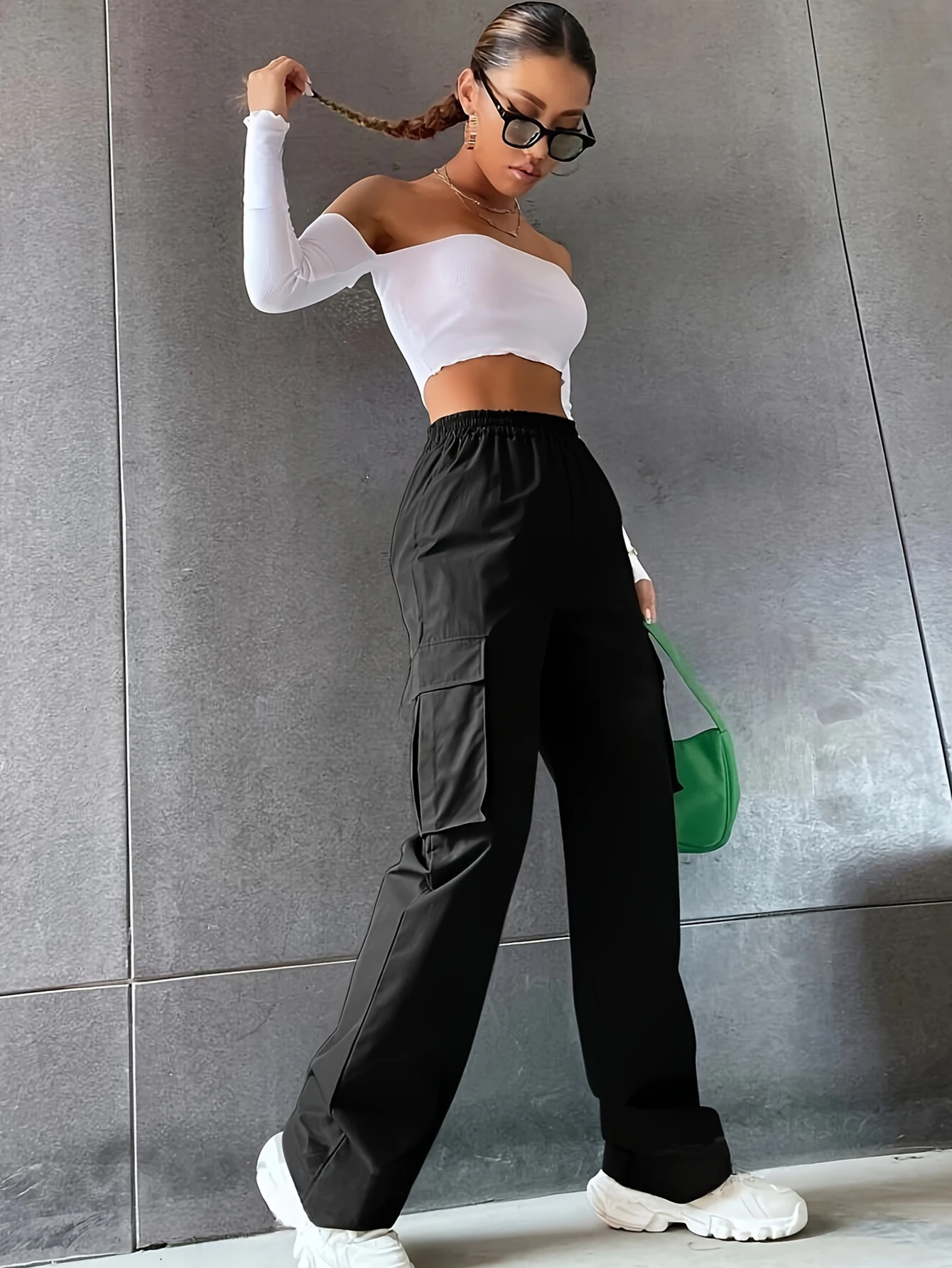 2024 Women Fashion Casual Summer Solid  Black Color Pants Pocket Wide Leg Baggy Trousers Y2k Streetwear Long Sweatpants On Sale