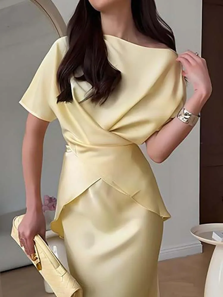 

Casual O-neck Short Sleeved and Long Skirt Suit Summer Thin Satin Two Piece Simple Solid Color Temperament Women's Party Outfit