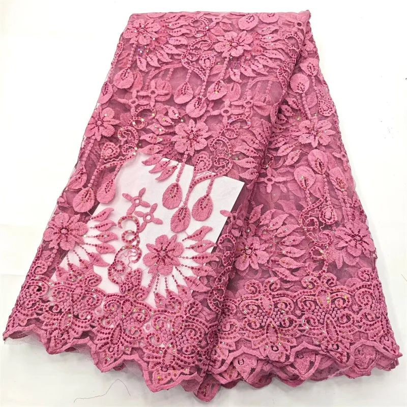 Pink High Quality African Lace Fabric 2024 White French Net Sequins Fabric Sewing Embroidered Tulle Nigerian Lace Fabric Green