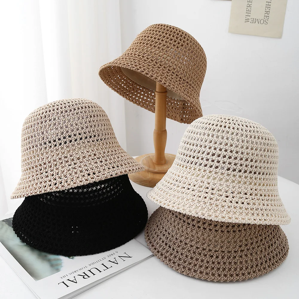 Hollow grid Bucket hat for women summer thin linen fisherman hats fashionable white pearl chain decorative basin cap beach caps