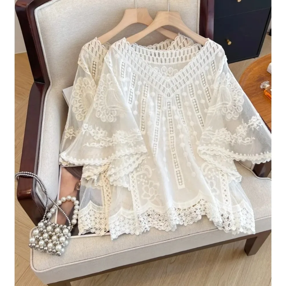 

Повседневный элегантный кружевной крючок с цветочным принтом и v-образным вырезом, шикарный винтажный свободный топ, офисная женская летняя одежда больших размеров