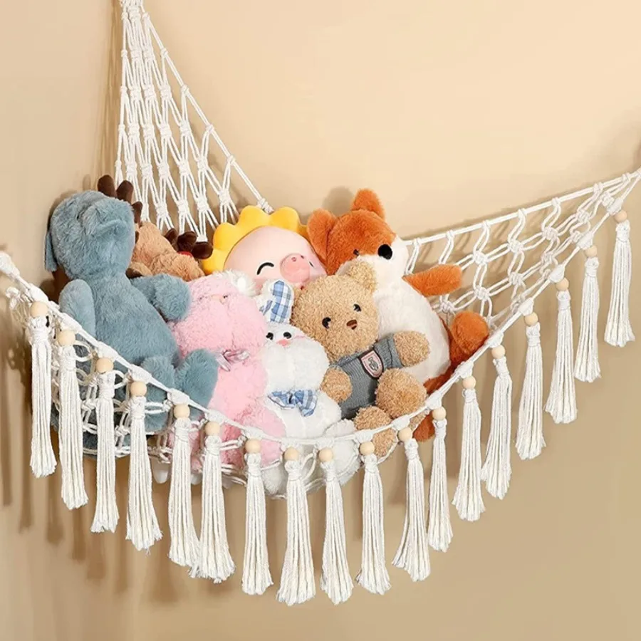 Boho Hand-woven Cotton Rope Triangle Toy Hammock, Large Capacity Stuffed Animal Corner Storage Net with Tassel & Wood Bead, Ins Style Room Wall Plush Organizer