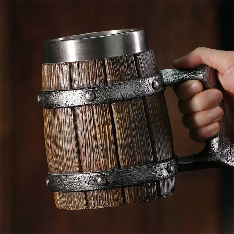 

Viking Wood Style Beer Mug Simulation Wooden Barrel Beer Cup Double Wall Drinking Mug Metal Insulated Bar Drinking