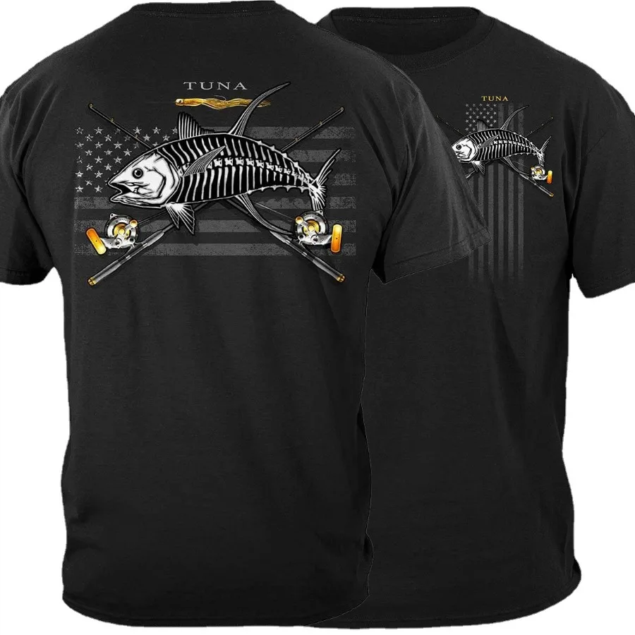 

Novel USA Flag Tuna Skeleton Patriotic Angler Gift T-Shirt Short Sleeve Casual 100% Cotton O-Neck Summer Mens T-shirt Size S-3XL
