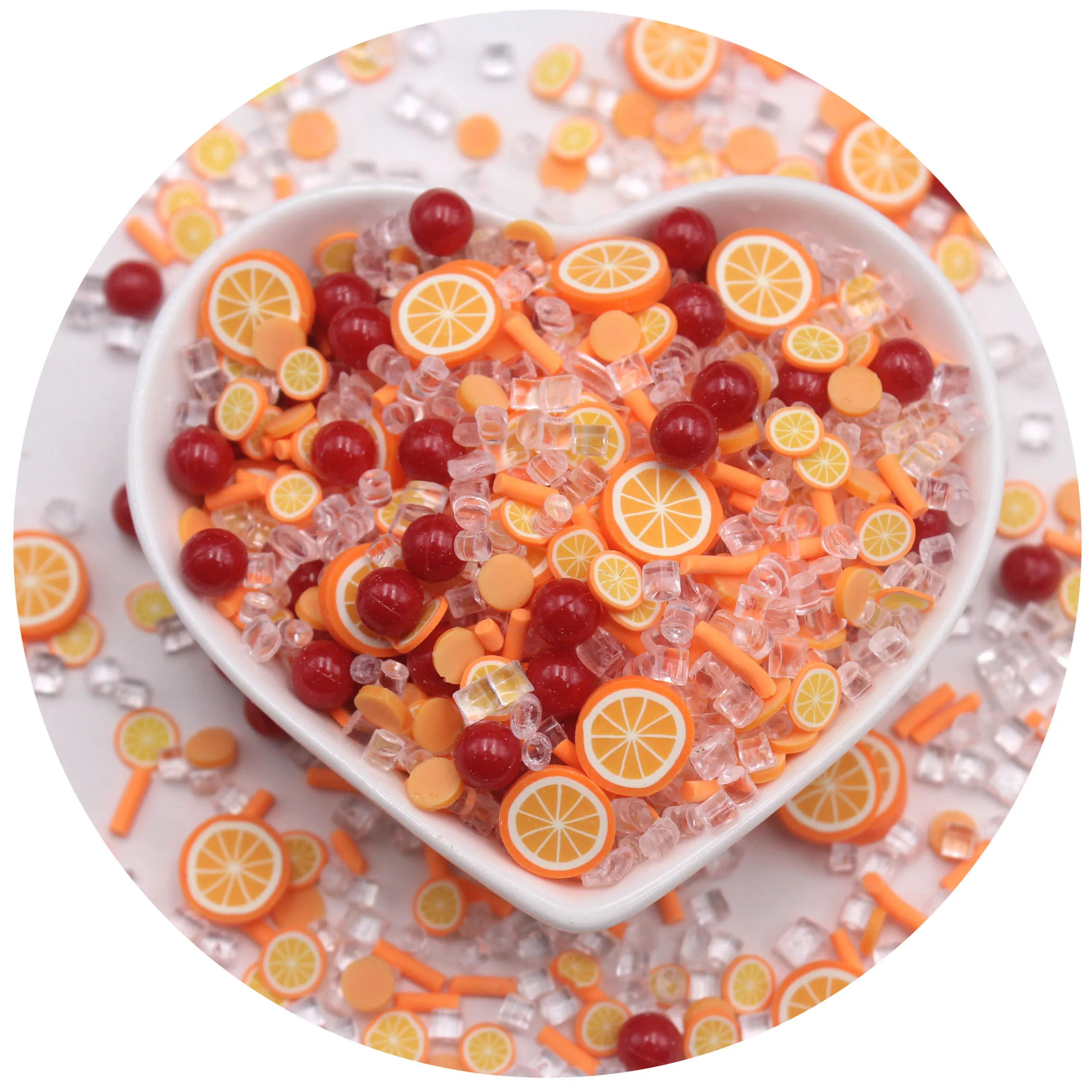 100g/Lot Orange Mixed Clay Slices Fruits Sprinkles with Red and Transparent Beads for Toys Decoration DIY Crafts Filler