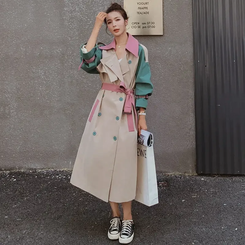 

Vintage Patchwork Windbreaker for Women Lapel Long Sleeve High Waist with Sashes Lace Up Bowknot Coat Female Autumn Q108