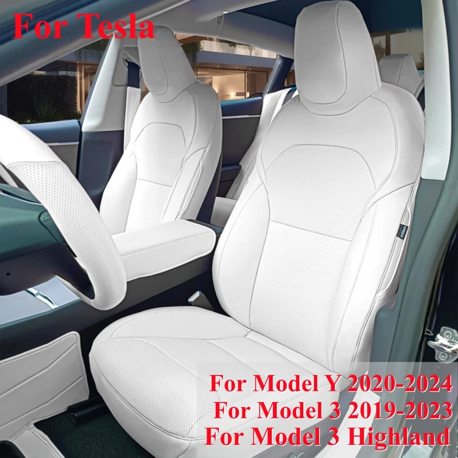 White Nappa PU Seat Covers For Tesla Model Y Model 3 2024-2019 Highland Front & Rear 5-Seat Car Cushions All Weather Protection