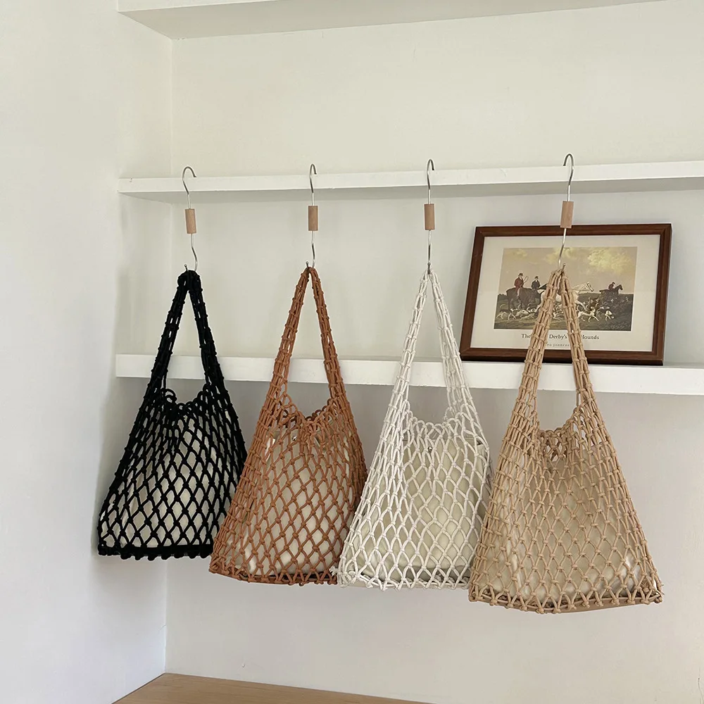 

YIFAN Solid Color Knitted Wool Tote Bag Personalized Name Women's Shopping Bag Retro Hollowed Handbag Soft Handbags