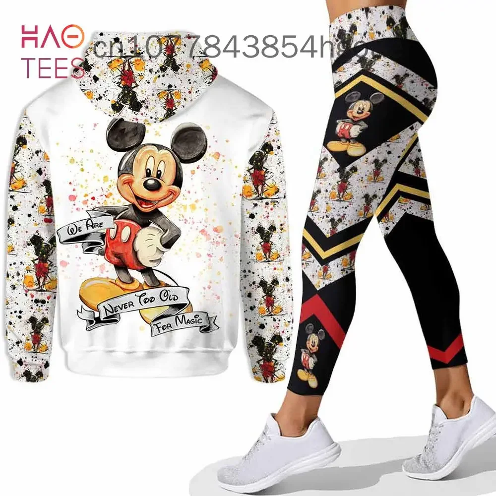 Disney-Conjunto feminino com capuz e leggings 3D Mickey Mouse, calça minnie yoga, moletom personalizado, terno esportivo, moda