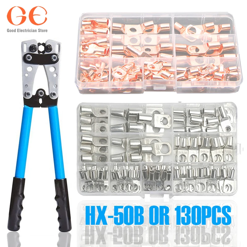 130pcs Assortment Car Auto Copper Ring Terminal Wire Crimp Connector Bare Cable Battery Terminals Soldered Connectors HX-50B Kit