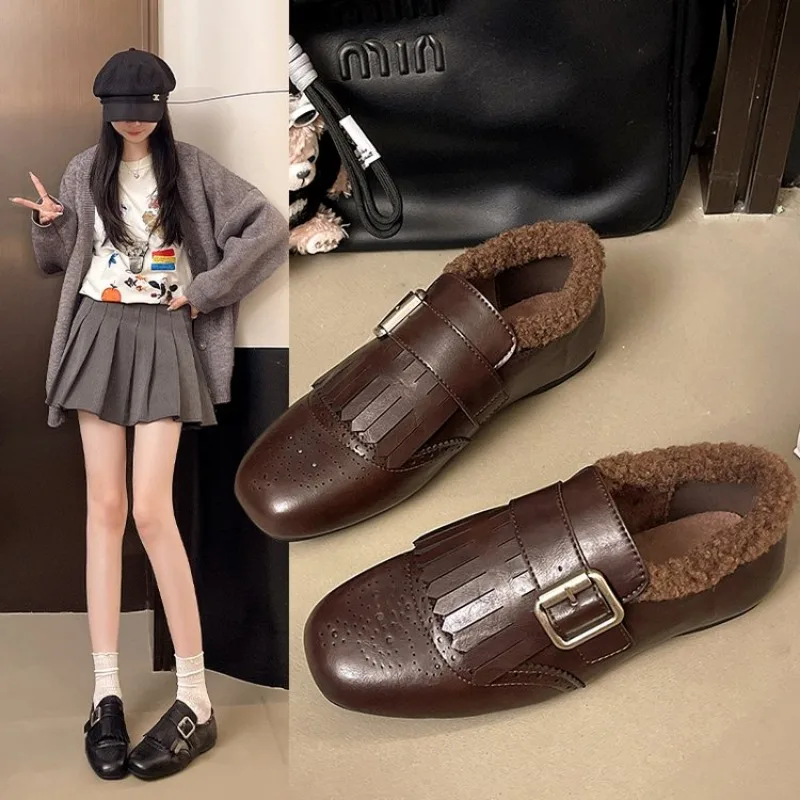 

Retro Loers 2026 Fashion Women's Shoes Autumn and Winter Women Velvet Warm Flat-bottomed Rabbit Fur Leather Shoes New