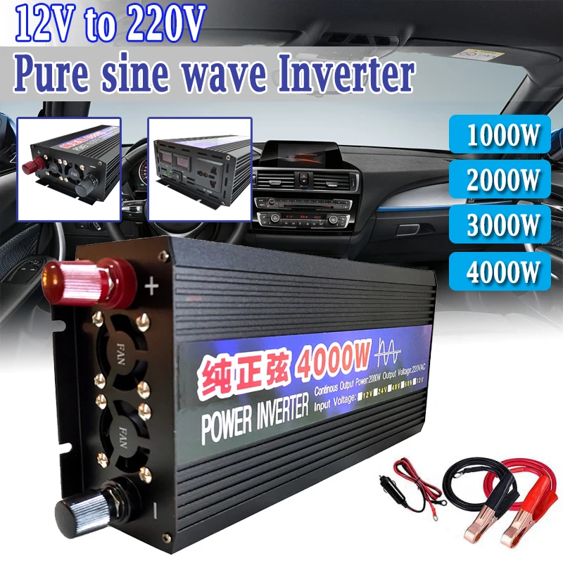 

Pure Sine Wave Power Inverter 12V to 220V Off Grid for Sensitive Load Appliances LCD Display Voltage Converter Universal Socket