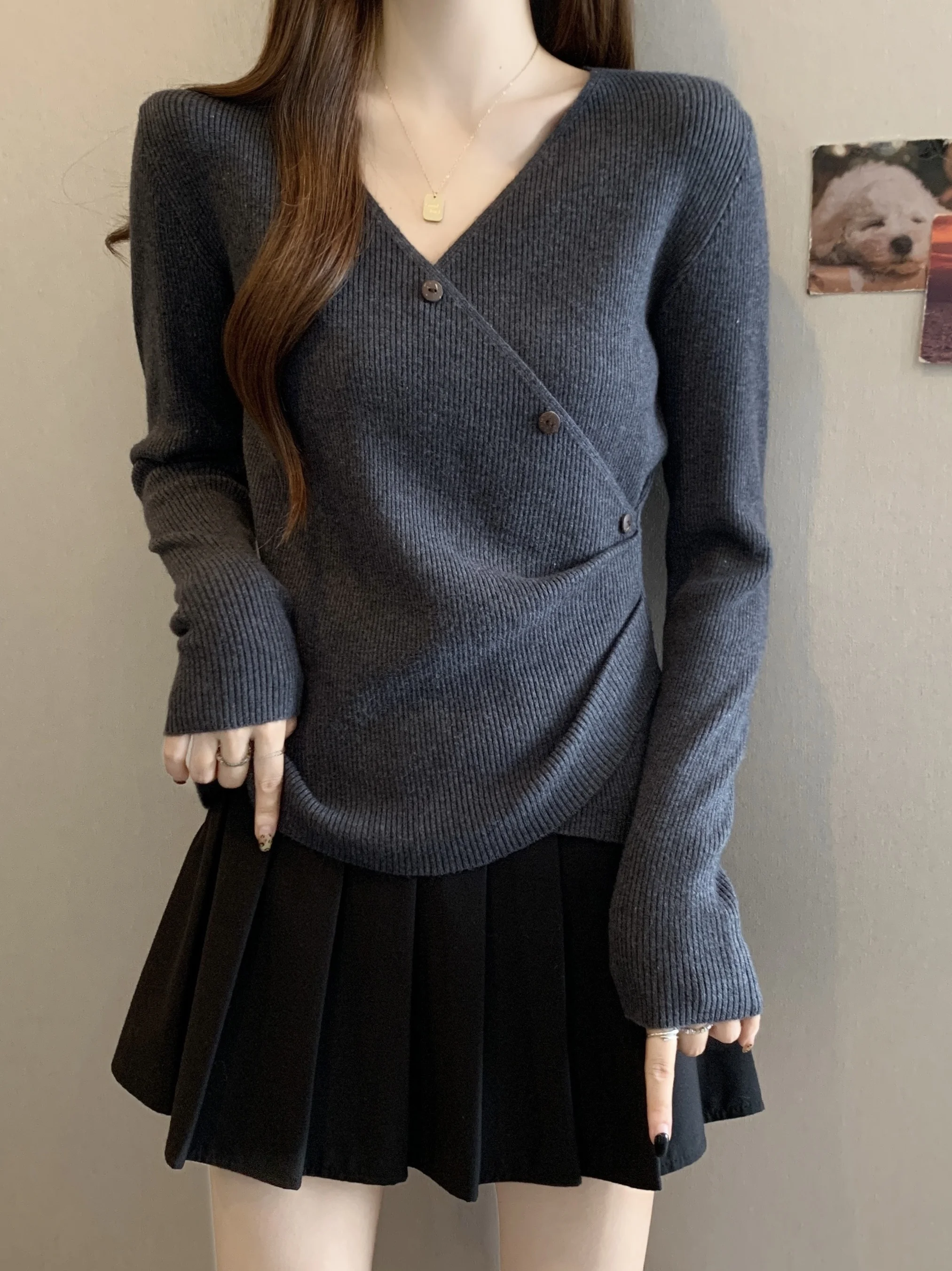 

Женская трикотажная кофта больших размеров с длинным рукавом и V-образным вырезом, утягивающая, базовый слой, с высокой талией, асимметричная, в корейском стиле, для повседневной носки