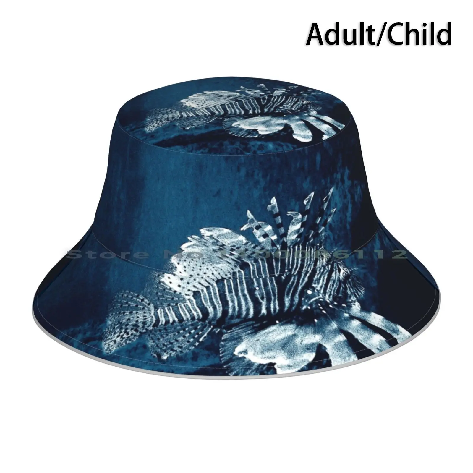 Lionfish Shipwreck Bucket Hat Sun Cap Lionfish Deep Blue Prussian Blue Dark Blue Marine Life Ocean Life Sea Life Sub Aqua