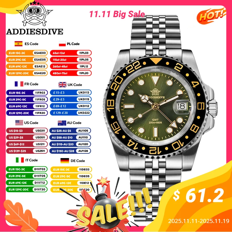 

ADDIESDIVE GMT 515-24H Quartz Watch For Men Ceramic Bezel Stainless Super Luminous Waterproof 20Bar Diver Watch Reloj Hombre