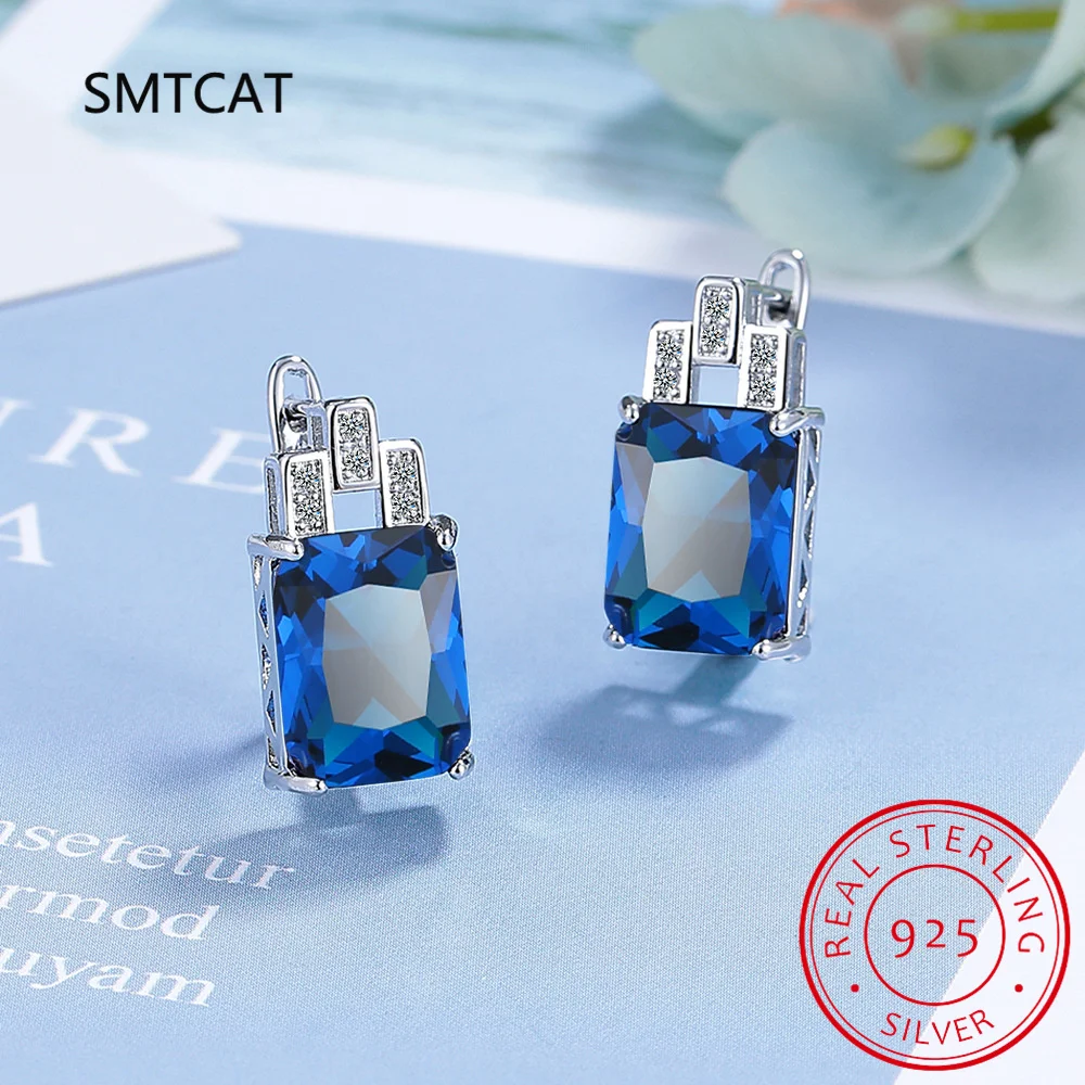 Emerald Cut Created Blue Sapphire 925 Sterling Silver Rectangle Hoop Earring for Women Gemstone Fine Jewelry Birthday Gift