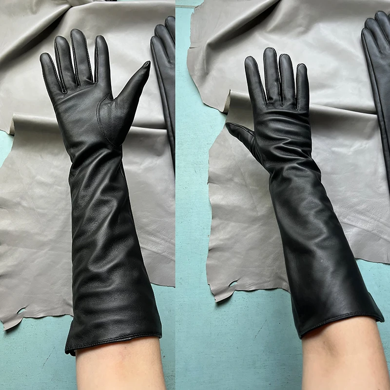 

Women's Leather Gloves Velvet Lining Long Gloves For Men Black Sheepskin 40cm long sheepskin gloves