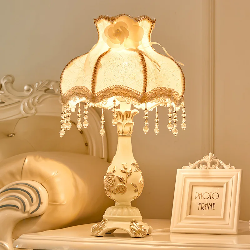 

French bedroom table lamp embroidery retro bedside lamp long light wedding room European princess table