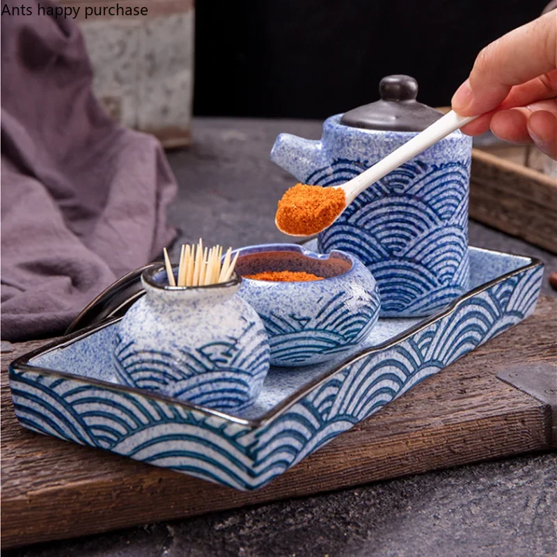 Blue Fish Pattern Ceramics Spice Jar 3-piece Set with Tray Condiment Bottles Oil Can Vinegar Pot Toothpick Jar Spice Container