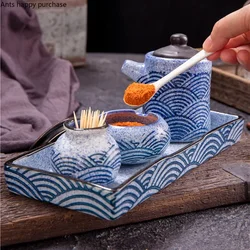 Blue Fish Pattern Ceramics Spice Jar 3-piece Set with Tray Condiment Bottles Oil Can Vinegar Pot Toothpick Jar Spice Container