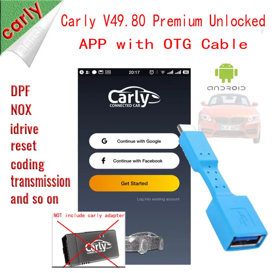 

2026 Carly V49.72 Premium Unlocked APP для диагностики BMW: полный функционал, Android + OBD2 20PIN адаптер и OTG-кабель Nitro