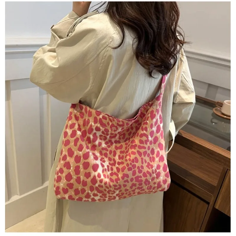 

Leopard Print Canvas Bag for Women 2025 New Preppy Style Tote Bag Casual Large Capacity Handheld Shoulder Bag