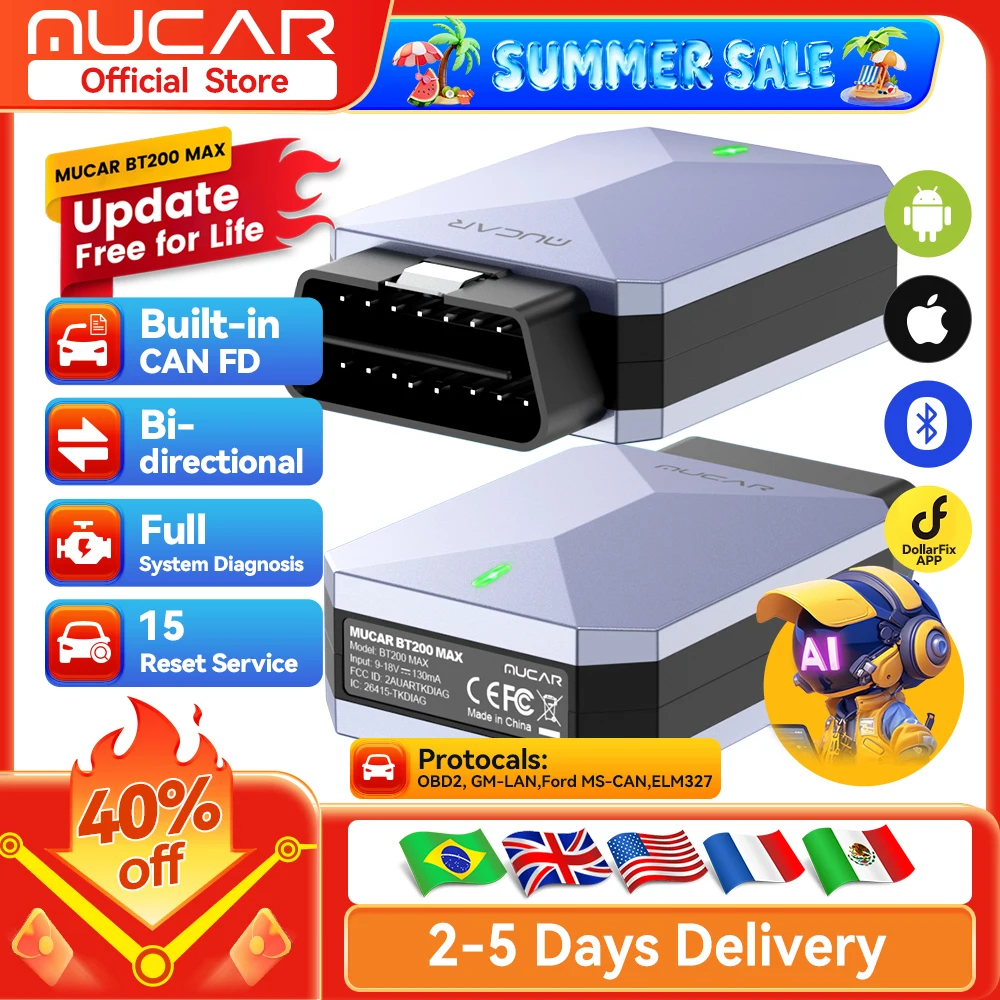 MUCAR BT200 Max OBD2 Scanner CAN FD Bi-Directional Control All System Diagnostic Tool 15 Reset for All Cars Lifetime Free Update