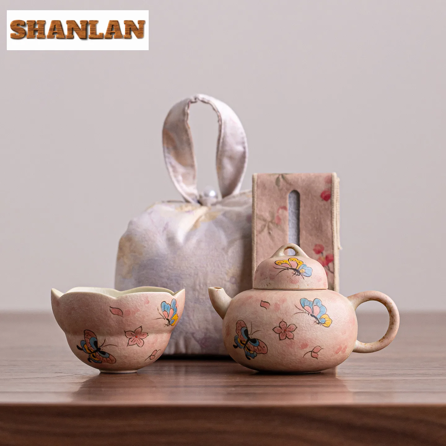 

Caramel Glaze Hand-painted Butterfly Travel Tea Set Kit Japanese 1 Pot 2 Cups Tea Maker Organizer Portable Outdoor Stock Bags