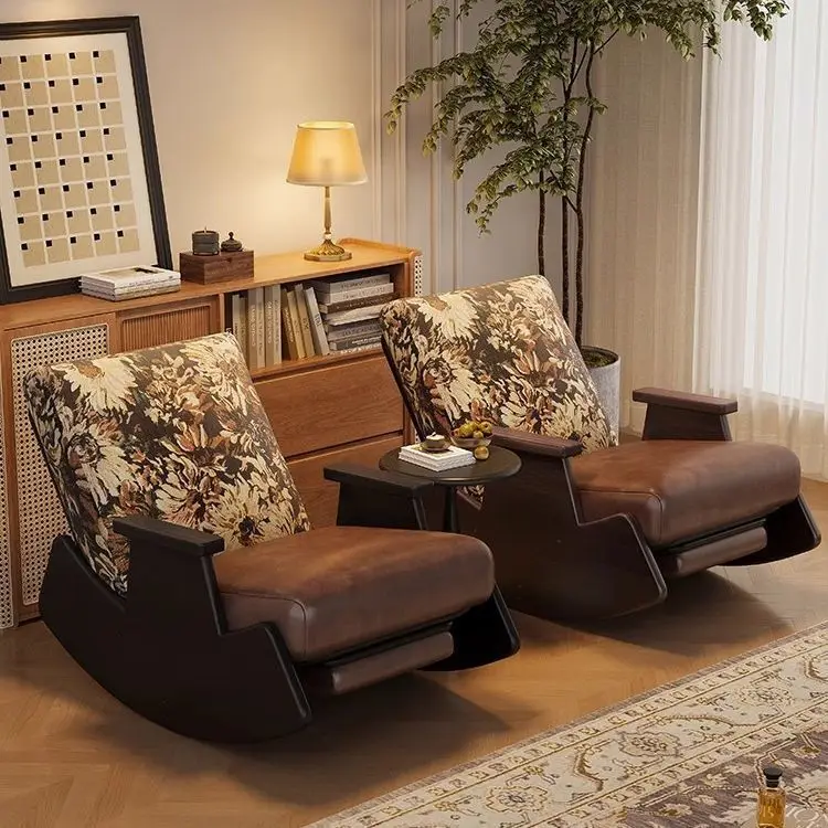 Solid wood rocking chair retro recliner balcony single sofa chair home living room
