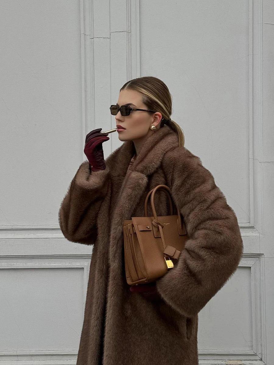 Premium Belt Brown Gradient Faux Mink Fur Maxi Coat for Women Winter Fashion 2025 Vintage Luxury Old Money Parka Outwear