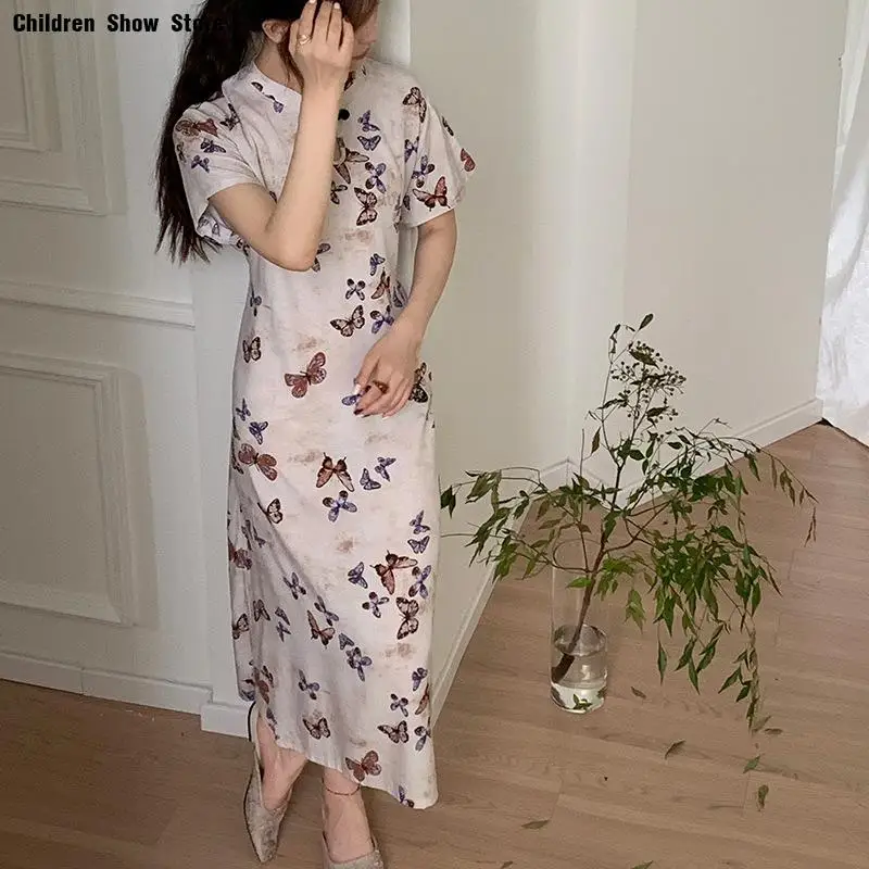 

Improved Cotton Silk Qipao Butterfly Print Qipao Summer Elegant Loose Chesongam Casual Streetwear Young Girl Party Vestidos