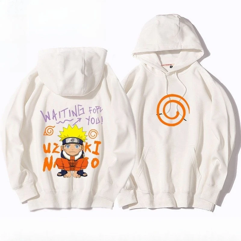 

OFFICIAL NARUTO White Hoodie Uzumaki Naruto Character with Waiting for You Text Orange Spiral Design Licensed Anime Apparel