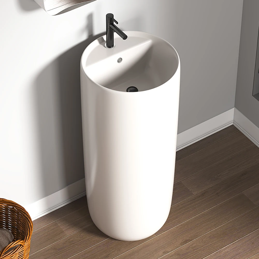 Integrated Pedestal Sink Freestanding Ceramic Wash Basin Small Apartment Bathroom Vanity Narrow Edge Column Washbasin For Home B