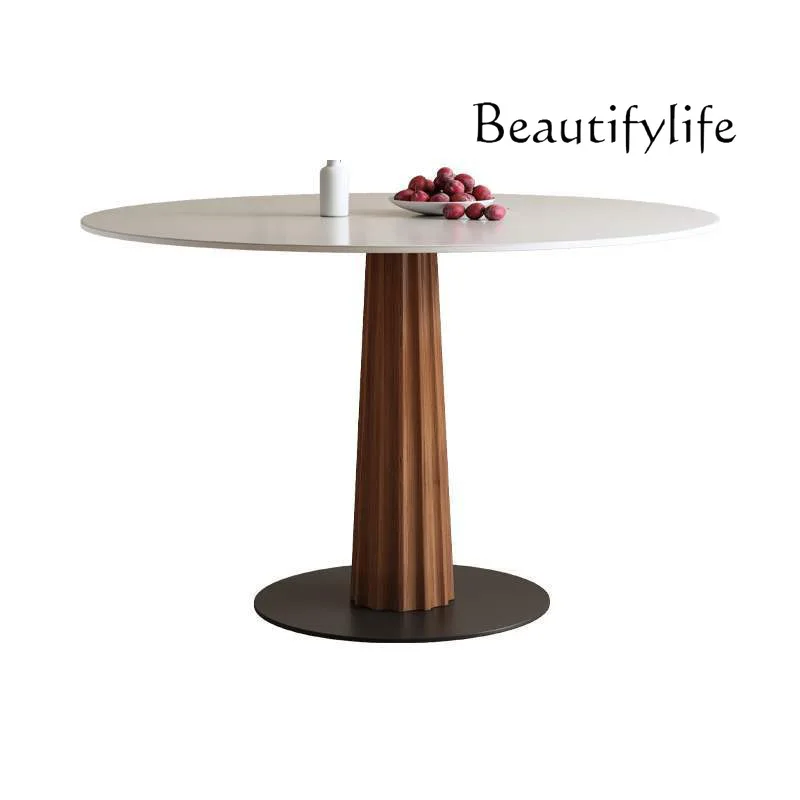 Stone Plate Pure White round Dining Table Household Small Apartment Solid Wood Round Table Simple Retro Conference Table