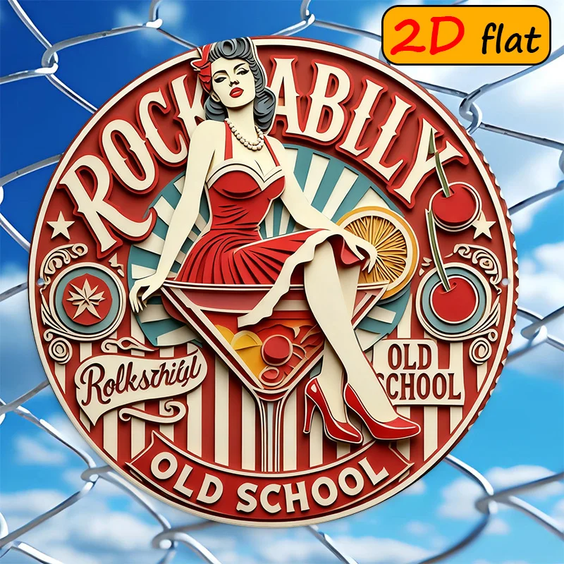 Letrero Metálico de Pared 2D Plano, Estilo Vintage Rockabilly Rock 'n' Roll, Diseño Retro Pin-Up de los Años 50 con Logotipo de Rock y Decoración de Diner, 1 Pieza