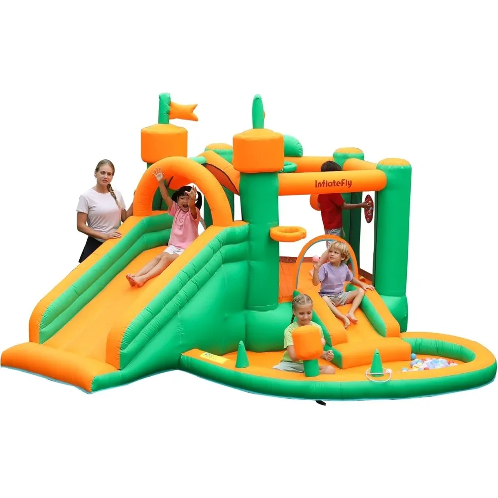 Inflatable Bounce House with Blower Playhouse Castle with Double Slides Ball Pit Pool for Kids 2-12 Wet and Dry