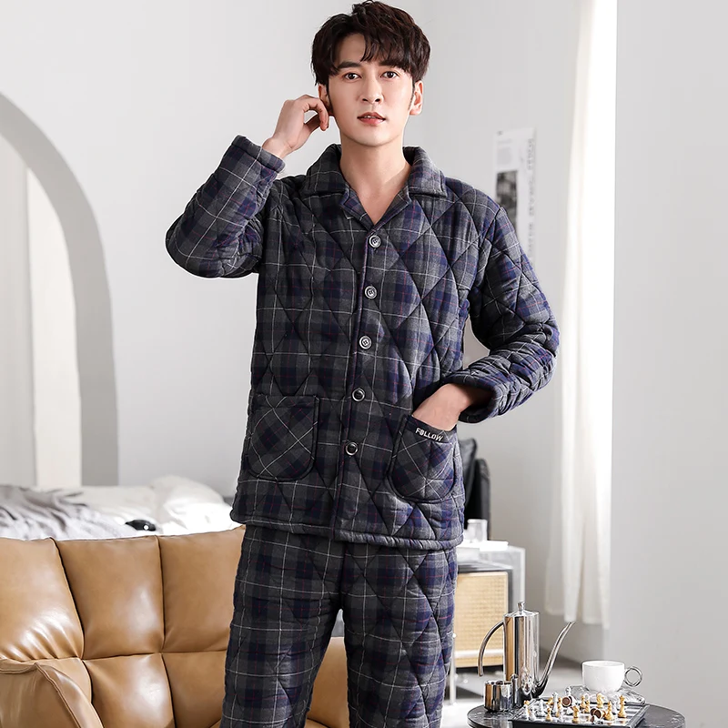 Winter thickened men's pajamas cardigan lapel plaid men's home wear can be worn externally in men's pajamas