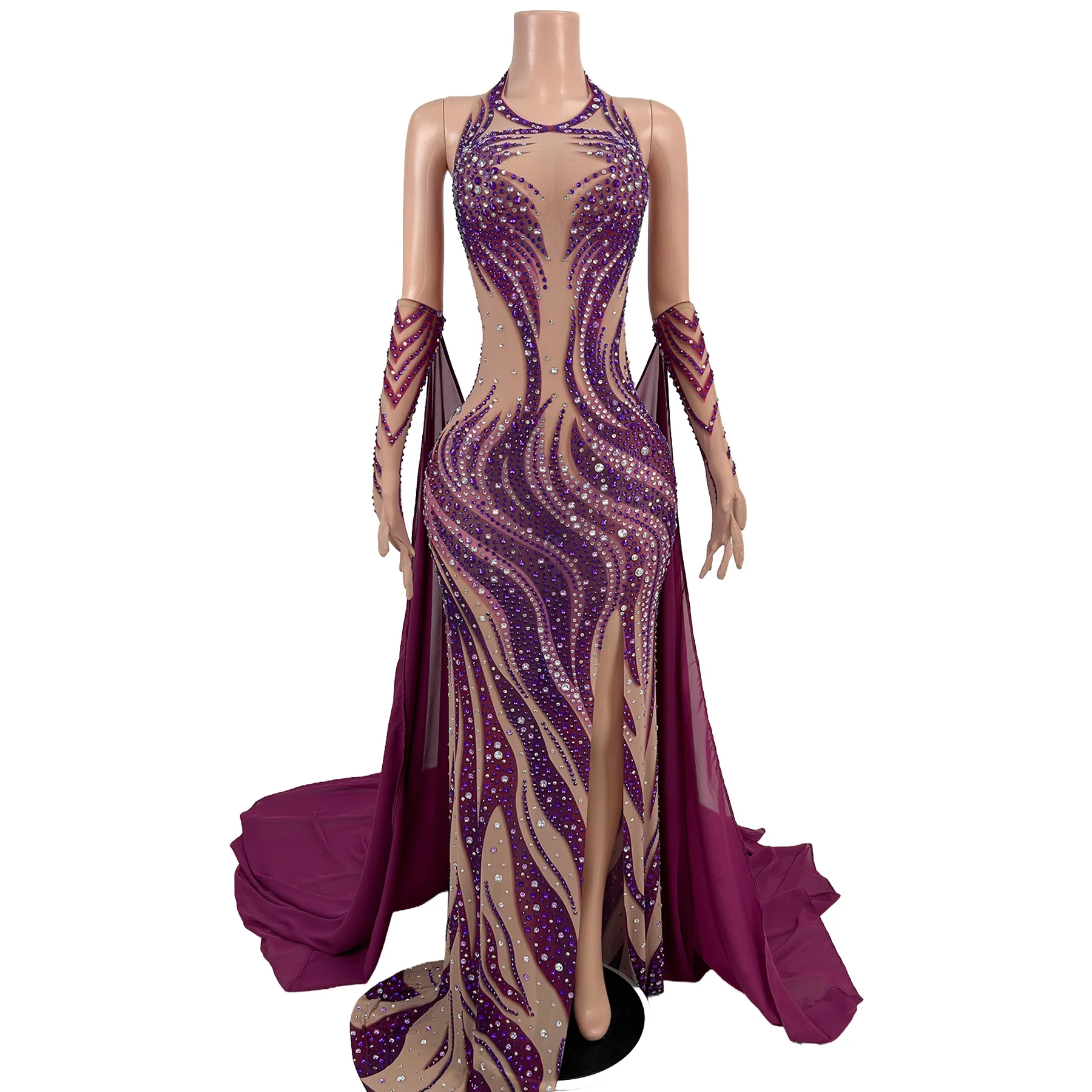 Puti Luxury Purple Rhinestone Mesh Evening Gown with Gloves Formal Events Prom Red Carpet Pageant Celebrity Party Wedding Gowns