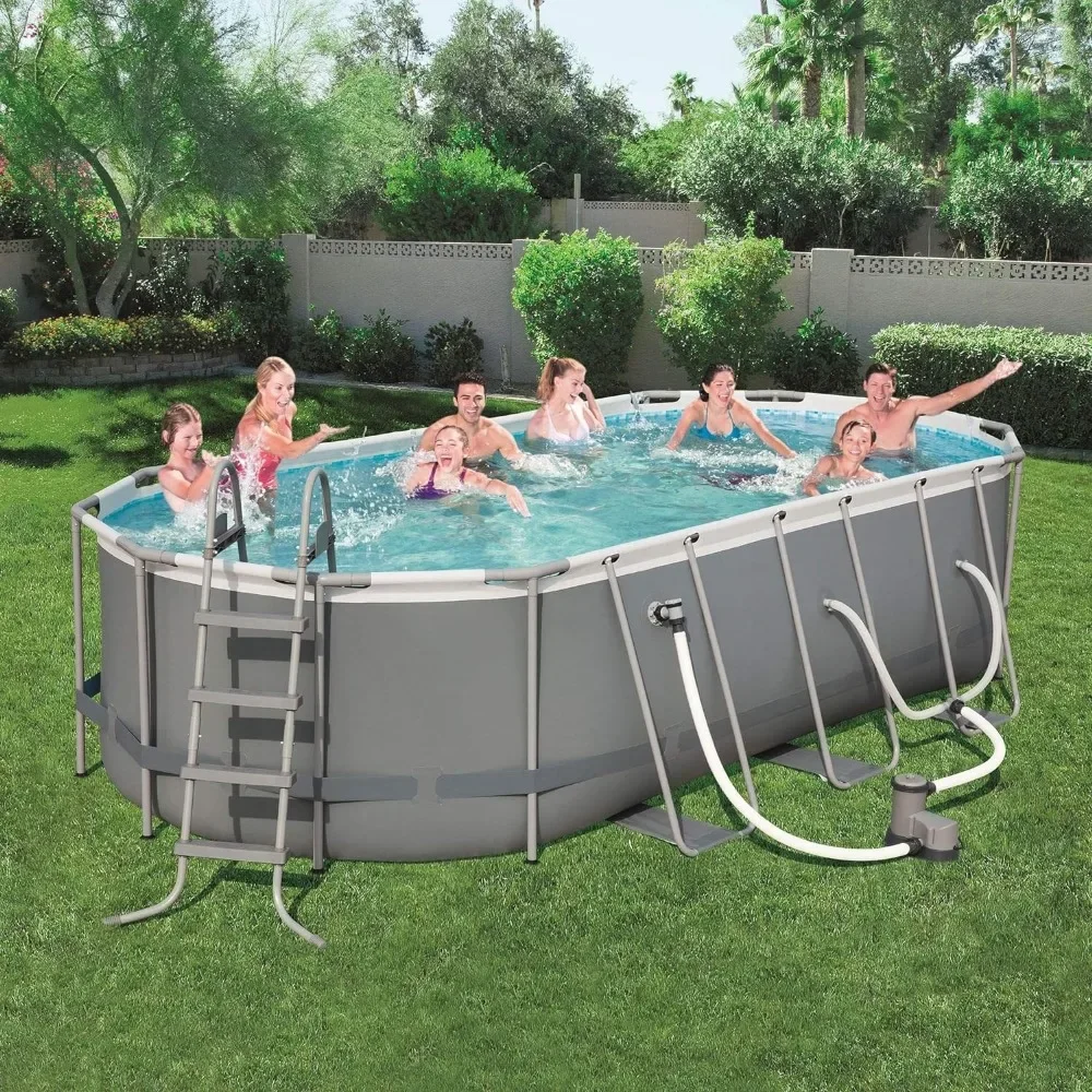 

swimming poor, Oval Metal Frame Above Ground Outdoor Swimming Pool Set with 1500 GPH Filter Pump, Ladder, Gray swimming poor