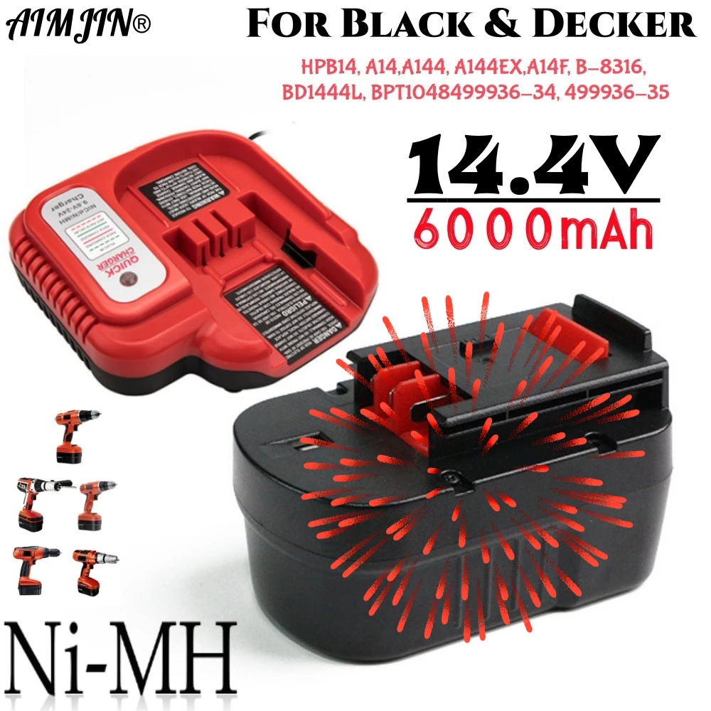 

Аккумуляторы для электроинструментов Black & Decker 14.4V 6.0Ah HPB14, 499936-34, 499936-35, A14 A144, A144EX A14F, B-8316, BD1444L, BPT1048
