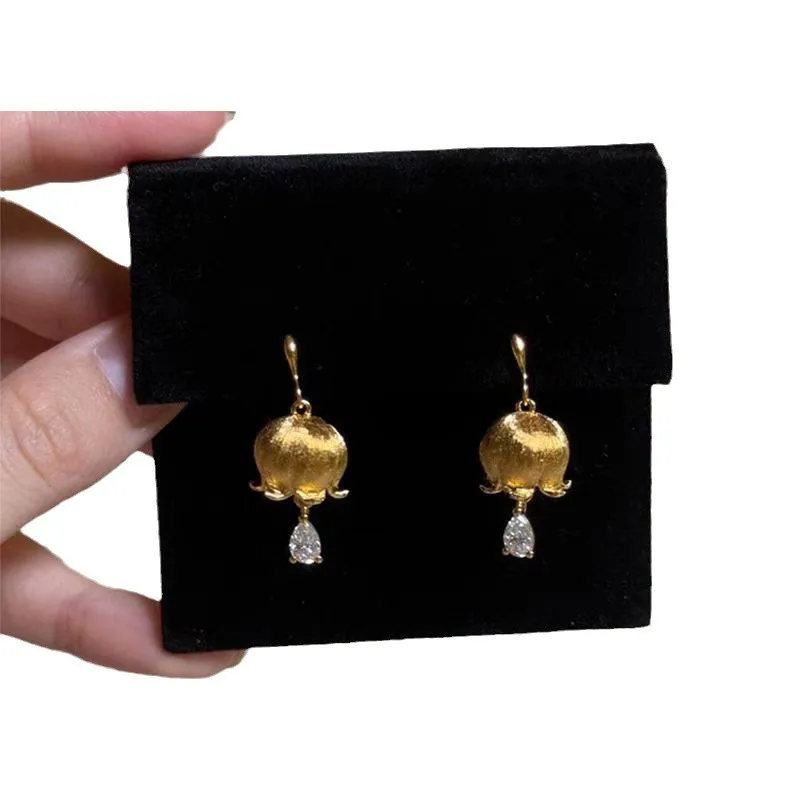 PANJBJ 925 Sterling Silver Golden Flower Earrings For Women Water Drop Frosting Zircon Design Vintage Jewelry Birthday Gift